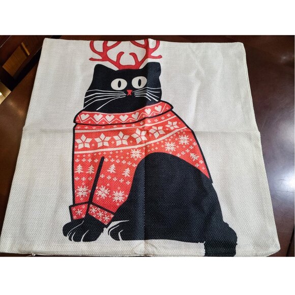 Cat Christmas Pillow Cover Red Decorative Throw Case Couch Holiday Accent Decor - Picture 1 of 9